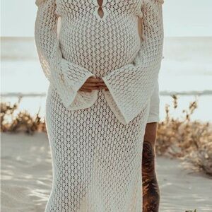 Elegant White Long Sleeve Crochet Dress